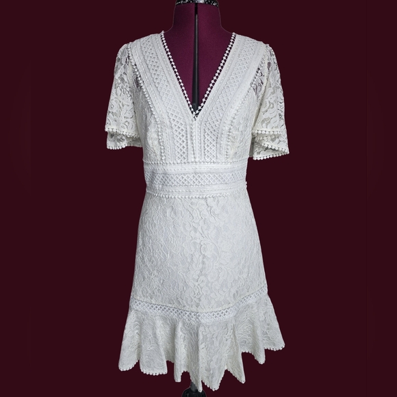 Eliza J Dresses & Skirts - ELIZA J Ivory White Lace V-Neck Flutter Sleeve Fit & Flare Dress Size 8 Bridal